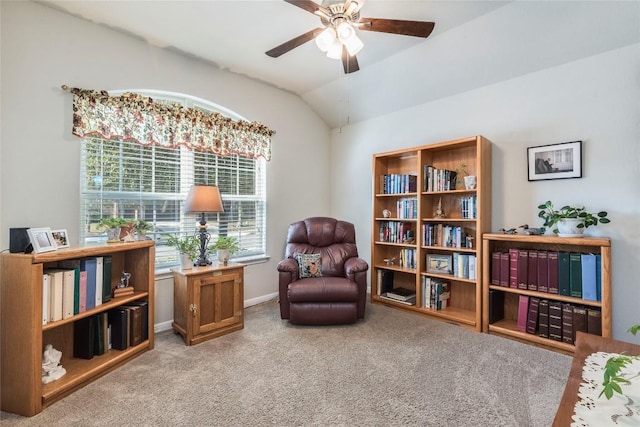 351 Still Hollow Crk, Buda, TX 78610 - living area featuring ceiling fan, carpet floors, lofted ceiling, and baseboards