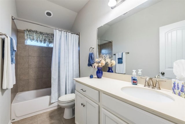 351 Still Hollow Crk, Buda, TX 78610 - full bath featuring toilet, vanity, tile patterned flooring, shower / tub combo, and lofted ceiling