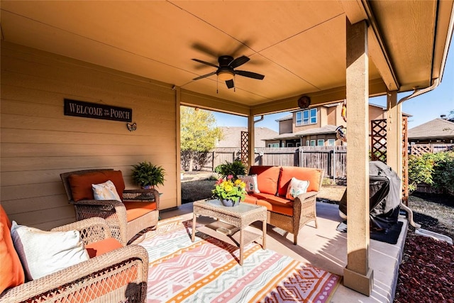 351 Still Hollow Crk, Buda, TX 78610 - fenced backyard featuring an outdoor hangout area, ceiling fan, and a patio area