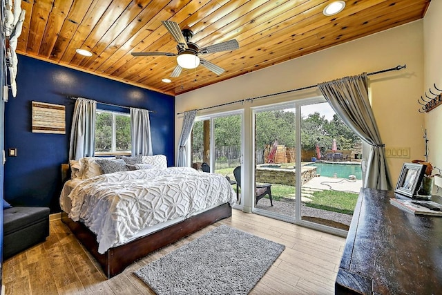 409 Hurst Creek Rd, Lakeway, TX 78734 - bedroom featuring access to outside, wooden ceiling, recessed lighting, and wood-type flooring