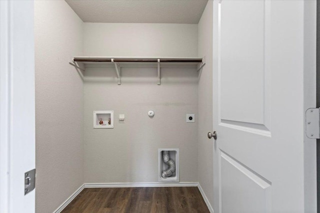 laundry area with hookup for an electric dryer, laundry area, washer hookup, gas dryer hookup, and dark wood-type flooring