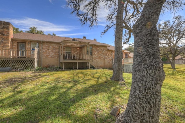 36 Oak Villa Dr # C-2, Canyon Lake, TX 78133 - back of house featuring a pergola, brick siding, a lawn, stairs, and a deck