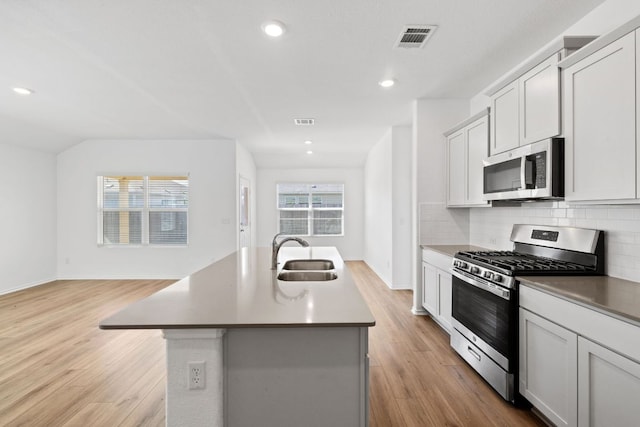 215 Silver Springs Bnd, Kyle, TX 78640 - kitchen with stainless steel appliances, a sink, tasteful backsplash, light wood-style flooring, and an island with sink