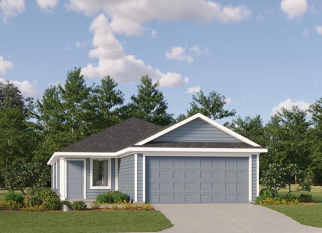 single story home featuring concrete driveway, a garage, roof with shingles, and a front lawn