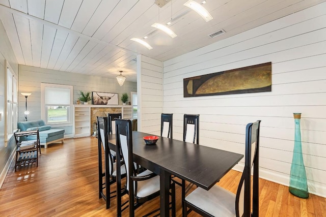 2310 Euclid Ave, Austin, TX 78704 - dining area featuring wood walls, light wood-style floors, and wooden ceiling