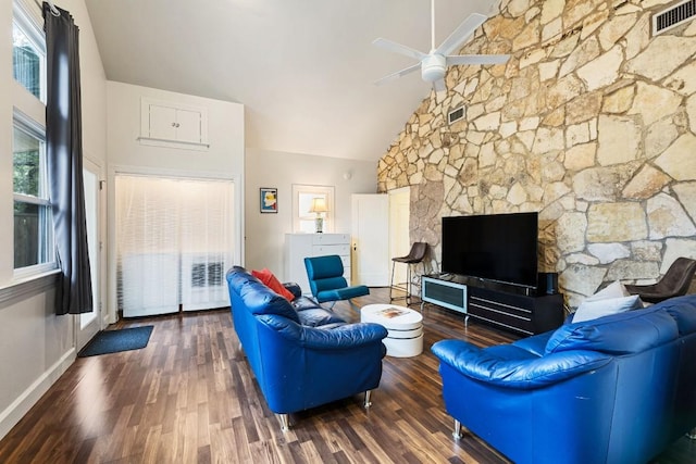2310 Euclid Ave, Austin, TX 78704 - living room with ceiling fan, wood finished floors, and high vaulted ceiling