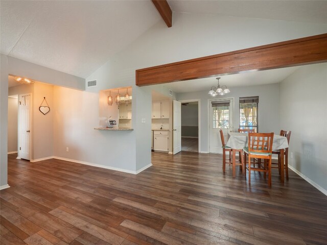 100 Stubblefield Dr, Elgin, TX 78621 - living area featuring a chandelier, dark wood-style flooring, beamed ceiling, and high vaulted ceiling