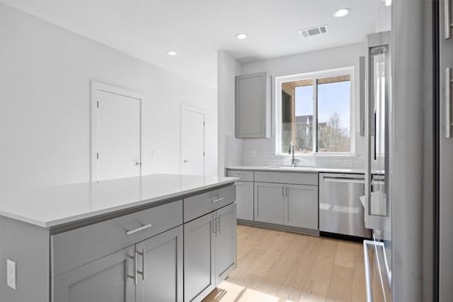 2209 Mcfly Pl, Austin, TX 78723 - kitchen with gray cabinetry, stainless steel appliances, light wood finished floors, decorative backsplash, and light countertops