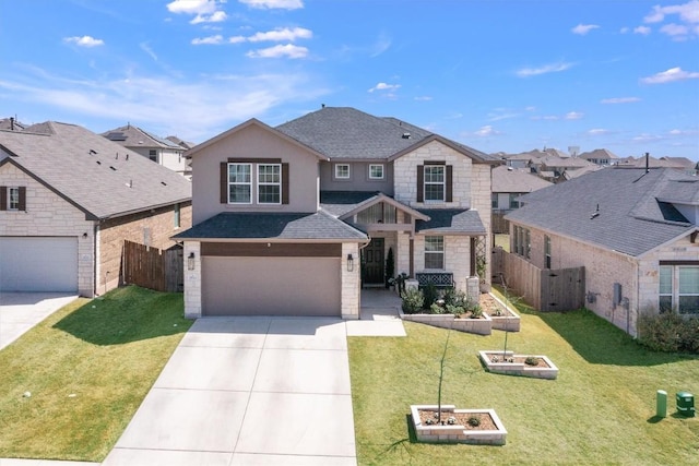 traditional-style home featuring a residential view, fence, stone siding, a garage, and concrete driveway