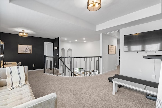 workout room featuring baseboards, recessed lighting, and carpet