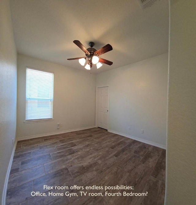 unfurnished room with wood finished floors, visible vents, baseboards, and ceiling fan