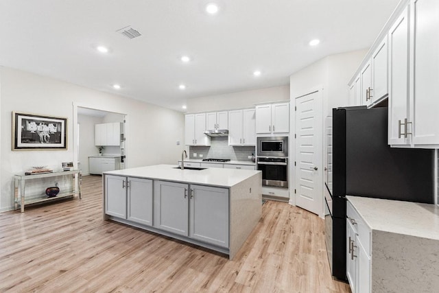 2233 Bravo Pass, Leander, TX 78641 - kitchen with appliances with stainless steel finishes, a sink, under cabinet range hood, light wood-type flooring, and light countertops