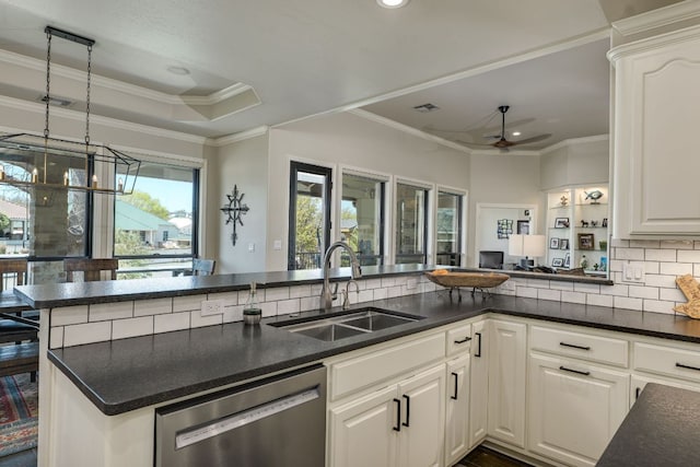 3012 Driftwood Ln, Horseshoe Bay, TX 78657 - kitchen featuring dishwasher, a sink, ornamental molding, ceiling fan, and backsplash