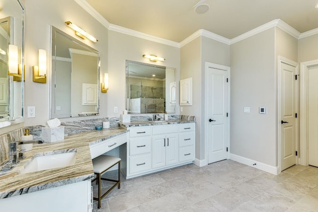 3012 Driftwood Ln, Horseshoe Bay, TX 78657 - bathroom featuring tiled shower, vanity, crown molding, and baseboards
