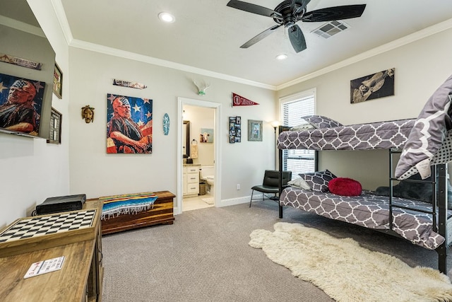 3012 Driftwood Ln, Horseshoe Bay, TX 78657 - bedroom featuring crown molding, carpet, recessed lighting, ensuite bathroom, and baseboards