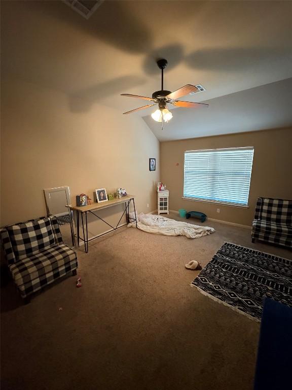 2316 Dovetail St, Pflugerville, TX 78660 - sitting room featuring carpet floors, lofted ceiling, and a ceiling fan