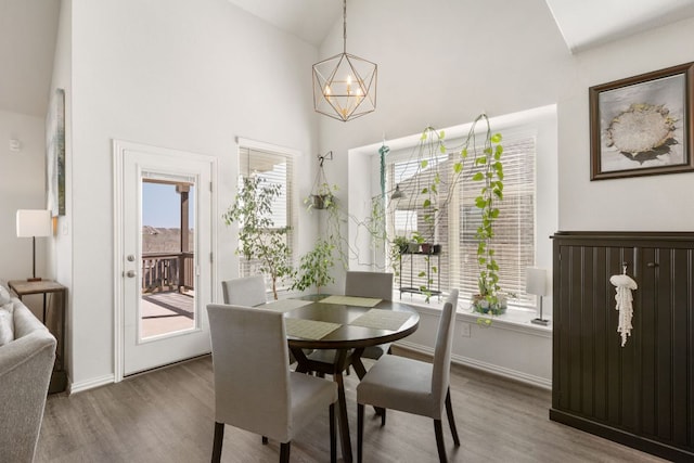 277 Biscayne Bay Bnd, Kyle, TX 78640 - dining space featuring wood finished floors, a chandelier, and high vaulted ceiling
