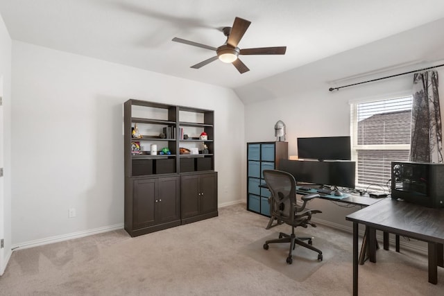 277 Biscayne Bay Bnd, Kyle, TX 78640 - office area with a ceiling fan, light colored carpet, and vaulted ceiling