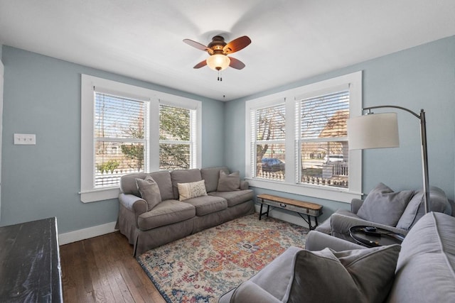 1407 S Myrtle St, Georgetown, TX 78626 - living room featuring baseboards, hardwood / wood-style floors, and a ceiling fan