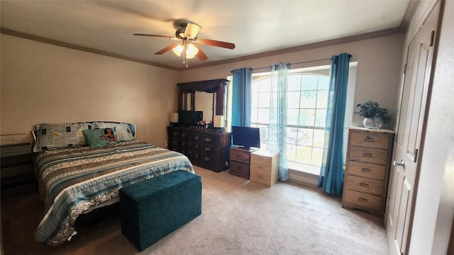 1149 State Highway 21 W Unit A, Cedar Creek, TX 78612 - bedroom with light carpet, crown molding, and ceiling fan