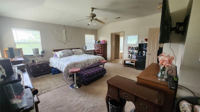 1149 State Highway 21 W Unit A, Cedar Creek, TX 78612 - bedroom featuring carpet, multiple windows, lofted ceiling, and ceiling fan