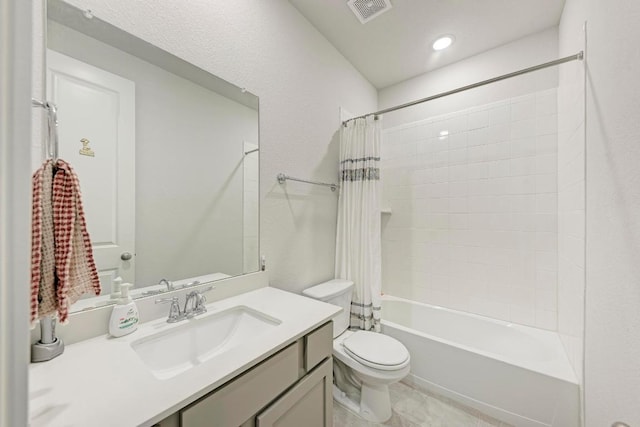 2112 High Victory Rd, Leander, TX 78641 - bathroom featuring toilet, vanity, shower / tub combo with curtain, and tile patterned floors