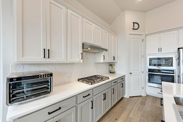 2112 High Victory Rd, Leander, TX 78641 - kitchen featuring appliances with stainless steel finishes, under cabinet range hood, decorative backsplash, and light wood-style flooring