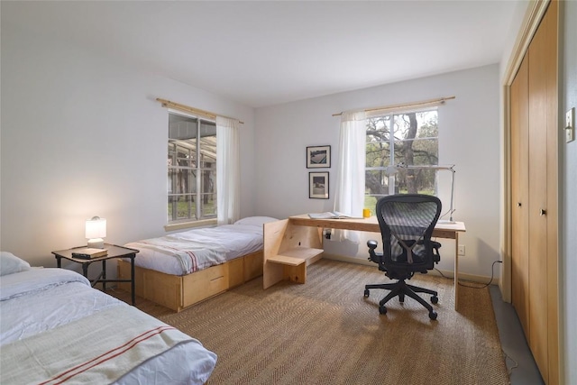 305 Reimer Ave, San Marcos, TX 78666 - bedroom featuring light carpet, a closet, and a desk