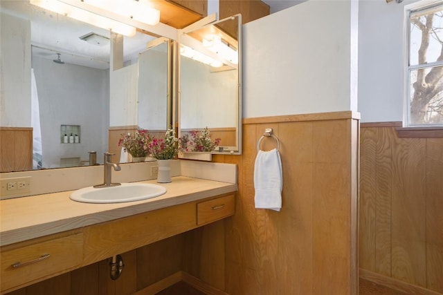 305 Reimer Ave, San Marcos, TX 78666 - bathroom featuring a wainscoted wall, vanity, and wood walls