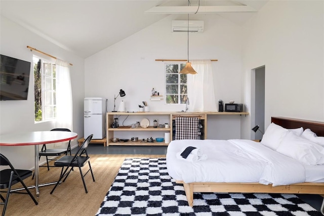 305 Reimer Ave, San Marcos, TX 78666 - bedroom featuring freestanding refrigerator, high vaulted ceiling, multiple windows, beamed ceiling, and a wall mounted AC
