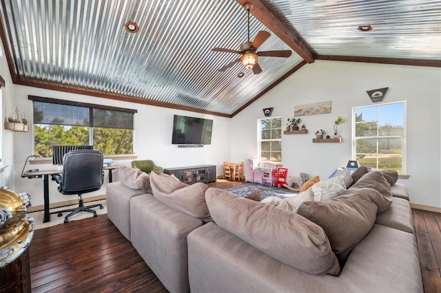 living room with a ceiling fan, lofted ceiling with beams, baseboards, and hardwood / wood-style flooring