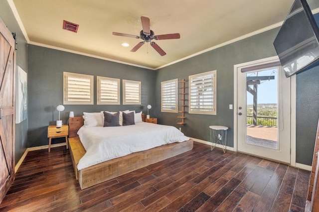 bedroom with wood finished floors, visible vents, baseboards, access to outside, and ornamental molding