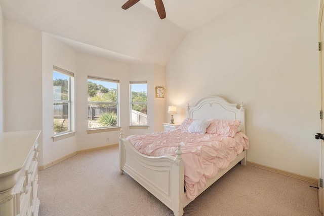 12029 Portobella Dr, Austin, TX 78732 - bedroom featuring light carpet, baseboards, lofted ceiling, and a ceiling fan