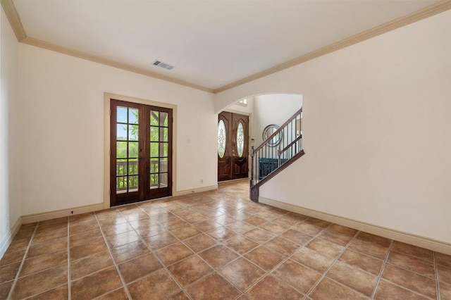 12029 Portobella Dr, Austin, TX 78732 - foyer with french doors, arched walkways, baseboards, crown molding, and stairway