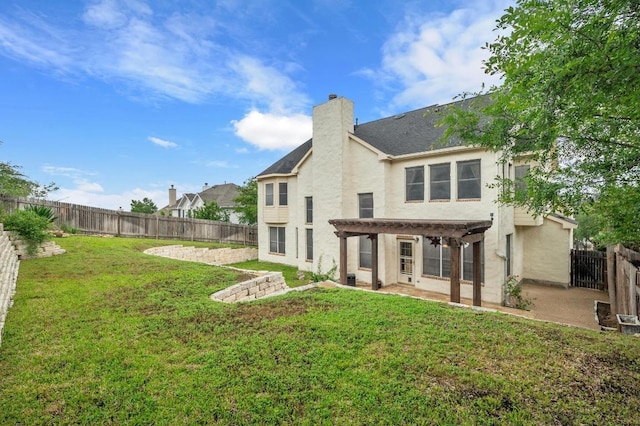 12029 Portobella Dr, Austin, TX 78732 - back of house featuring a pergola, a chimney, stucco siding, and a patio