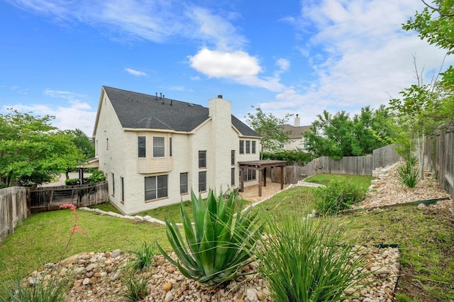 12029 Portobella Dr, Austin, TX 78732 - rear view of property with stucco siding, a chimney, roof with shingles, a patio area, and a pergola