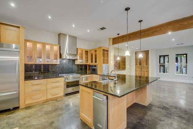 1701 Ravey St, Austin, TX 78704 - kitchen with premium appliances, wall chimney exhaust hood, concrete flooring, decorative backsplash, and recessed lighting