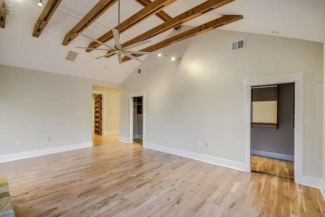 1701 Ravey St, Austin, TX 78704 - unfurnished room featuring a ceiling fan, high vaulted ceiling, beam ceiling, and light wood-style floors