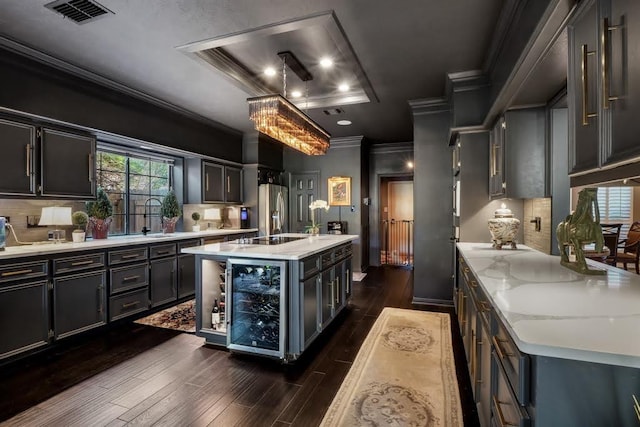 10105 Shinnecock Hills Dr, Austin, TX 78747 - kitchen featuring beverage cooler, stainless steel refrigerator with ice dispenser, dark wood-style floors, crown molding, and decorative backsplash