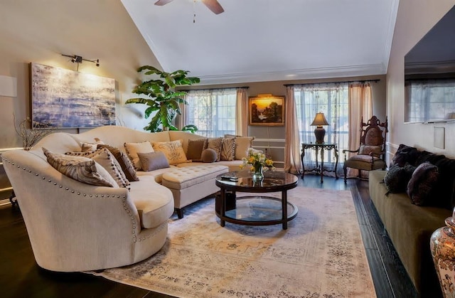 10105 Shinnecock Hills Dr, Austin, TX 78747 - living room with vaulted ceiling, ceiling fan, and wood finished floors