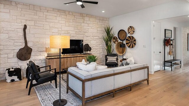 309 Golden Sage Ave, Georgetown, TX 78633 - living room with a ceiling fan, light wood-style floors, and recessed lighting