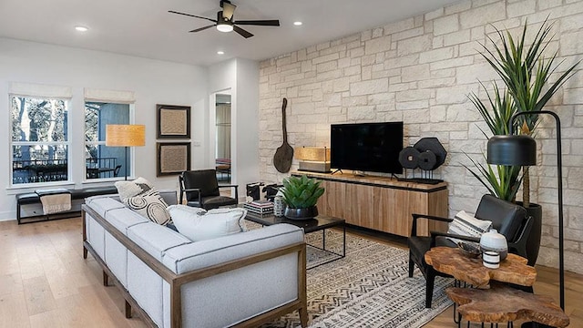 309 Golden Sage Ave, Georgetown, TX 78633 - living room with ceiling fan, light wood-type flooring, and recessed lighting