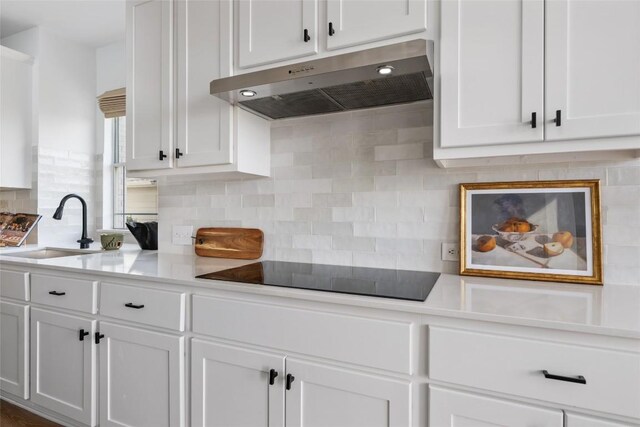 9943 Derecho Dr, Austin, TX 78737 - kitchen featuring under cabinet range hood, black electric cooktop, a sink, and white cabinetry