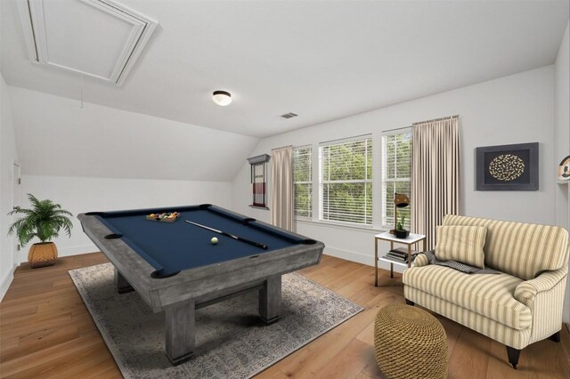 9943 Derecho Dr, Austin, TX 78737 - playroom with attic access, billiards table, baseboards, vaulted ceiling, and wood finished floors
