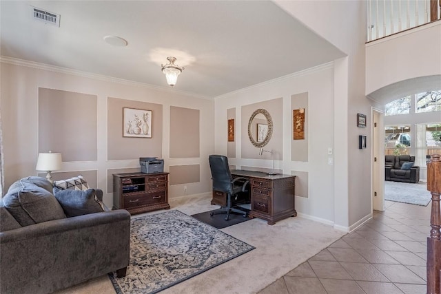 2535 Crenshaw Dr, Round Rock, TX 78664 - office featuring ornamental molding, tile patterned flooring, baseboards, and carpet