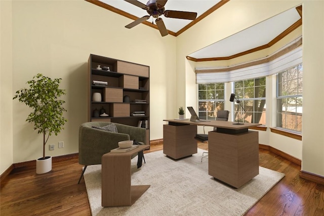 5903 Cane Pace, Austin, TX 78746 - home office featuring ornamental molding, wood finished floors, baseboards, and ceiling fan