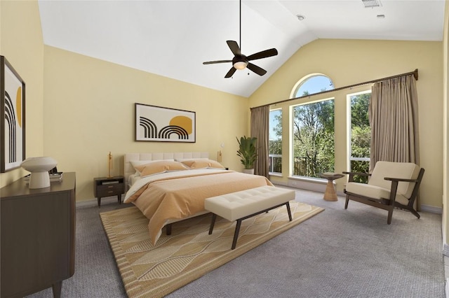 5903 Cane Pace, Austin, TX 78746 - bedroom featuring carpet floors, high vaulted ceiling, baseboards, and a ceiling fan