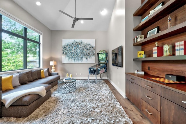 4704 Timberline Dr, Austin, TX 78746 - living area with light wood-style floors, ceiling fan, baseboards, and recessed lighting