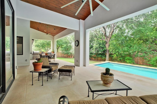 4704 Timberline Dr, Austin, TX 78746 - view of patio featuring ceiling fan, a fenced backyard, and an outdoor pool