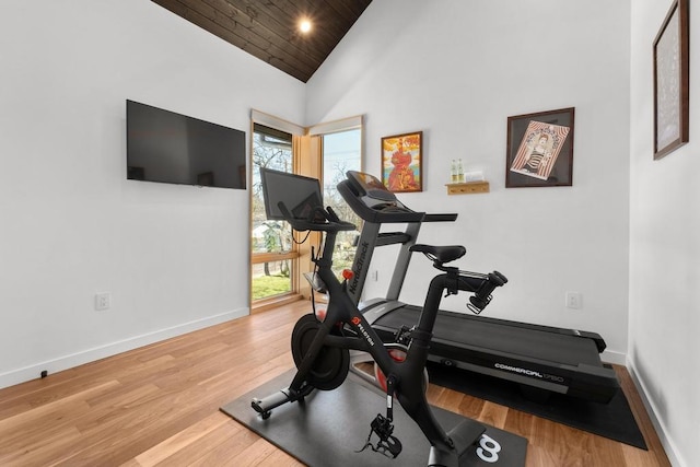 1411 Haskell St, Austin, TX 78702 - exercise room featuring wood ceiling, wood finished floors, high vaulted ceiling, and recessed lighting